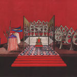MEDIOEVAL SCENERY Study of set design for theatre with three different areas: militar camp, hall of the throne, wood where will happen the battle. The choice of the colors is to remind to the paintings of those times. The dark red background is to give the sensation of the battle and the blood. The trees are shapes painted in metallized color, and remind to the points of the lances.
