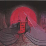 AFTER THE FALL of Miller. Study of set design for theatre. The story's sequence of events is in the protagonist's mind, represented by concave panels, containing sinuous shapes like the brain's loops. In the centre of the scene the cylinder with a spiral inside represent the spinal column, and also the ward tower of a nazist camp, where the protagonist was prisoner. On the top, the eye of mind, which is also the tower floodlight, from where sometimes go off a laser ray that lights up a mind zone with a memory.