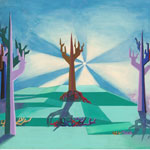 SIEGFRIED of Wagner. Study of set design for theatre. On the Walkiria mount The trees are represented by pointed shapes, they are pines, but also totems of gods, like the solitary pine in the centre of the scene, Wodin, enlightened from laser rays, the sun, that make all the scenery shine of an irreal light, where the colours are bright, like an eternal spring; is the Walhalla.