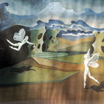 THE TEMPEST of Shakespeare. Study of set design for theatre. Scene of the island. Here, the vegetation is represented by shapes in transparent plastic material. The shapes, with holes look like misterious creatures. They symbolize the magical wood of the island, where live monsters and fairies. The shapes used for the clouds, will also be used turned to represent the sea waves.
