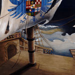 THE TEMPEST of Shakespeare. Study of set design for theatre. Scene of the ship. The base,in wood, is an inclined plane, and the sail is broken after the shipwreck. The shapes in transparent plastic material, shine and are movable, to represent the sea waves.